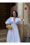 Beyaz Uzun Müslin Keten Dokulu Beli Büzgülü Bağlamalı V Yaka Elbise