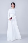 Beyaz Uzun Yuvarlak Yaka Kol Dokuma Kumaş Beli Büzgülü Kuşaklı Tesettür Abiye Elbise