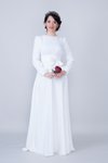 Beyaz Uzun Yuvarlak Yaka Kol Dokuma Kumaş Beli Büzgülü Kuşaklı Tesettür Abiye Elbise