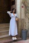 Beyaz Uzun Zem Muslin Keten Elbise
