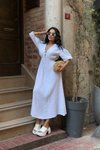 Beyaz Uzun Zem Muslin Keten Elbise