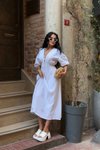 Beyaz Uzun Zem Muslin Keten Elbise