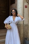 Beyaz Uzun Zem Muslin Keten Elbise