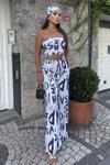 Beyaz Yazılı Rahat Salaş Şalvar Pantolon Esnek Crop Ve Bandana Üçlü Yazlık Takım