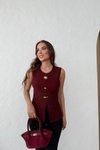 Bordo Aksesuar Detay Yırtmaçlı Ottoman Bluz