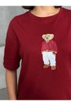 Bordo Ayıcık Nakışlı Oversize Tshirt