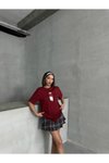 Bordo Ayıcık Nakışlı Oversize Tshirt