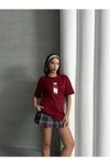 Bordo Ayıcık Nakışlı Oversize Tshirt