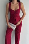 Bordo Bağlama Detaylı Yelek Ve Pantolon İkili Takım