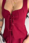 Bordo Bağlama Detaylı Yelek Ve Pantolon İkili Takım