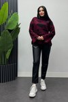 Bordo Batik Desenli Bogazlı Triko Kazak