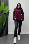 Bordo Batik Desenli Bogazlı Triko Kazak
