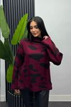 Bordo Batik Desenli Bogazlı Triko Kazak