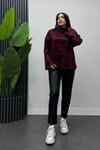 Bordo Batik Desenli Bogazlı Triko Kazak