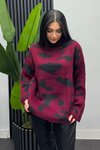 Bordo Batik Desenli Bogazlı Triko Kazak