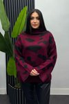 Bordo Batik Desenli Bogazlı Triko Kazak
