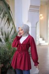 Bordo Beli Büzgülü Lastikli Kimono Tunik