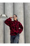Bordo Boğazlı Leopar Desen Geniş Kol Triko Kazak