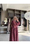 Bordo Çiçekli Yandan Bağlamalı Müslin Kumaş Elbise
