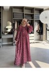 Bordo Çiçekli Yandan Bağlamalı Müslin Kumaş Elbise