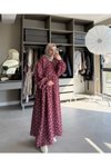 Bordo Çiçekli Yandan Bağlamalı Müslin Kumaş Elbise