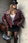 Bordo Deri Biker Ceket