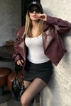 Bordo Deri Biker Ceket