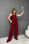 Bordo Düğmeli Yelek Pantolon Gofre İkili Takım