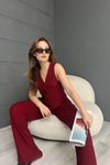 Bordo Düğmeli Yelek Pantolon Gofre İkili Takım