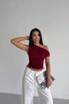 Bordo Düşük Omuz Crop Bluz