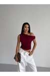 Bordo Düşük Omuz Crop Bluz