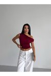 Bordo Düşük Omuz Crop Bluz