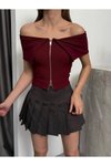 Bordo Fermuarlı Madonna Yaka Ottoman Crop Bluz