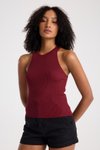 Bordo Fitilli Halter Yaka Crop Triko