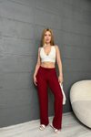 Bordo Gofre Kumaş Bel Bağcıklı Pantolon