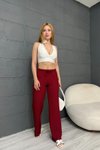 Bordo Gofre Kumaş Bel Bağcıklı Pantolon