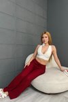 Bordo Gofre Kumaş Bel Bağcıklı Pantolon