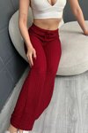 Bordo Gofre Kumaş Bel Bağcıklı Pantolon