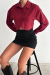 Bordo İnci Düğme Detaylı Crop Gömlek