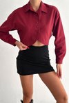 Bordo İnci Düğme Detaylı Crop Gömlek