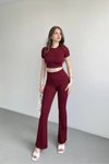 Bordo İspanyol Paça Tayt Crop İkili Takım