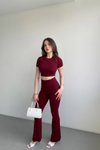 Bordo İspanyol Paça Tayt Crop İkili Takım