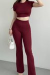 Bordo İspanyol Paça Tayt Crop İkili Takım