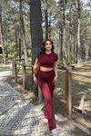 Bordo İspanyol Premium Pantolon Ve Crop İkili Takım