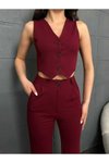 Bordo Jakar Yelekli Palazzo Pantolon Alt Üst İkili Takım