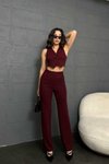 Bordeaux Jacquard Vest Palazzo Pants Two-Piece Set