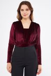 Bordo Kadife Büzgü Detay Uzun Kol Esnek Kumaş Çıtçıtlı Body