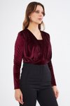 Bordo Kadife Büzgü Detay Uzun Kol Esnek Kumaş Çıtçıtlı Body
