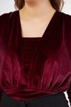 Bordo Kadife Büzgü Detay Uzun Kol Esnek Kumaş Çıtçıtlı Body