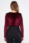 Bordo Kadife Büzgü Detay Uzun Kol Esnek Kumaş Çıtçıtlı Body